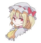  ascot bangs blonde_hair bow closed_mouth eyebrows_visible_through_hair face flandre_scarlet hair_bow hat looking_at_viewer miyo_(ranthath) mob_cap portrait red_bow red_eyes simple_background solo touhou white_background white_hat 