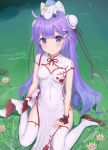  3: absurdres ahoge azur_lane bad_id bad_pixiv_id breasts bun_cover china_dress chinese_clothes cleavage cleavage_cutout commentary_request doll_on_head double_bun dress from_above highres long_hair looking_at_viewer purple_eyes purple_hair sitting small_breasts stuffed_alicorn stuffed_animal stuffed_toy tashiro_(add_furnace) thighhighs unicorn_(azur_lane) wariza white_legwear 