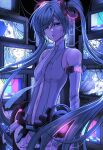  1girl android aqua_eyes aqua_hair arm_tattoo black_thighhighs blue_eyes breasts cable center_opening cowboy_shot digital_dissolve glowing hashtag-only_commentary hatsune_miku hatsune_miku_(append) highres hip_gear joints leotard looking_to_the_side mole mole_under_eye navel necktie number_tattoo parted_lips robot_girl robot_joints rozenseraph screen small_breasts solo tattoo television test_card thighhighs twintails twitter_username vocaloid vocaloid_append white_leotard 