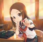  bag brown_eyes brown_hair chair closed_mouth coffee_table from_side headphones hosoi_mieko karakai_jouzu_no_takagi-san long_hair looking_at_viewer official_art ribbon school_bag school_uniform serafuku simple_background skirt smile table takagi-san upper_body window 