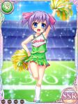  arm_up armpits blue_eyes card_(medium) cheerleader child green_skirt hand_on_hip kneehighs koihime_musou leg_up navel non-web_source official_art open_mouth outdoors pom_poms purple_hair ribbon riri short_hair skirt smile solo sparkle stadium standing standing_on_one_leg twintails vest white_legwear yatsuha_kanan 