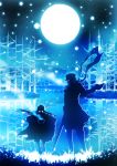  1girl absurdres asirpa bad_id bad_pixiv_id bare_tree blue blurry blurry_foreground breath cape commentary depth_of_field full_moon golden_kamuy grass gun harada_miyuki highres holding holding_gun holding_weapon jacket lake monochrome moon night outdoors pants rifle scarf silhouette standing steam sugimoto_saichi tree weapon 