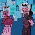  1boy 1girl aerith_gainsborough anniversary arm_belt bandaged_arm bandages bangle belt black_gloves black_pants black_shirt blonde_hair blue_background bracelet braid braided_ponytail brown_belt brown_hair buster_sword chocobo_sam cloud_strife cowboy_shot cropped_jacket dress earrings facing_away final_fantasy final_fantasy_vii final_fantasy_vii_rebirth final_fantasy_vii_remake from_behind gloves hair_between_eyes hair_ribbon hand_on_own_hip highres jacket jewelry long_dress long_hair looking_at_another looking_at_sign multiple_belts pants parted_bangs pink_dress pink_ribbon red_jacket ribbon shirt short_hair short_sleeves sidelocks single_bare_shoulder single_braid single_earring sleeveless sleeveless_turtleneck spiked_hair suspenders sword sword_on_back turtleneck wanted_poster weapon weapon_on_back worldformula 