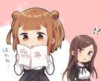  2girls bangs beatrice_(princess_principal) black_dress black_jacket blush book brown_eyes brown_hair dorothy_(princess_principal) double_bun dress eyebrows_visible_through_hair flying_sweatdrops hands_up holding holding_book jacket long_sleeves multiple_girls open_book princess_principal purple_eyes reading school_uniform shirt side_bun sorimachi-doufu translated white_shirt yuri 