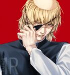  1boy badeni black_tabard blonde_hair chi.:_chikyuu_no_undou_ni_tsuite closed_mouth highres iorbtyn male_focus medium_hair red_background removing_eyepatch scar scar_on_face scar_on_lip scar_on_mouth scar_on_nose short_hair simple_background solo tabard tonsure watermark 