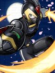  1boy arm_cannon armor black_armor black_helmet blue_background commentary_request energy_sword forehead_jewel full_moon helmet highres holding holding_sword holding_weapon male_focus mask mega_man_(series) mega_man_x6 mega_man_x_(series) moon mouth_mask nenndo100 night ninja shadow_armor_x_(mega_man) solo sword watermark weapon x_(mega_man) 