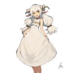  :d animal_ears bare_arms bare_shoulders dress feet_out_of_frame grey_hair highres horns lansane long_hair looking_at_viewer low-tied_long_hair open_mouth original sheep_ears sheep_horns signature simple_background skirt_hold smile solo white_background white_dress yellow_eyes 