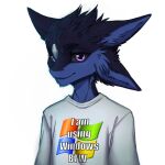  2025 4_ears alpha_channel anthro avali benze black_sclera blue_body bust_portrait clothed clothing countershade_face countershading digital_media_(artwork) dusty_tbt hi_res inner_ear_fluff looking_at_viewer male multi_ear portrait purple_eyes shirt shirt_logo signature simple_background solo text text_on_clothing text_on_shirt text_on_topwear topwear transparent_background tuft white_clothing white_shirt white_topwear windows_logo 