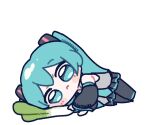  1girl artist_name bare_shoulders black_boots black_skirt black_sleeves blue_eyes blue_hair blue_necktie blush blush_stickers boots chibi chibi_only detached_sleeves facing_viewer food grey_shirt hair_between_eyes hair_ornament hairclip hatsune_miku highres holding holding_food holding_spring_onion holding_vegetable long_hair looking_at_object looking_down lying miniskirt miratsu_(miratsu169) necktie on_side shirt sidelocks signature simple_background skirt sleeveless sleeveless_shirt solo spring_onion striped_clothes striped_skirt striped_sleeves twintails twitter_username vegetable vocaloid white_background wide_sleeves 