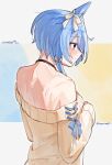  1girl animal_ears bare_shoulders black_choker blue_bow blue_eyes blue_hair blush bow choker closed_mouth commentary_request ear_ribbon hair_between_eyes highres horse_ears horse_girl k.s.miracle_(umamusume) long_hair long_sleeves off-shoulder_sweater off_shoulder ribbon saramiao-chan short_hair solo sweater umamusume upper_body very_long_hair white_ribbon white_sweater 