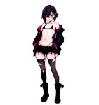  1girl absurdres alkaid_exec bare_shoulders bat_wings bikini bikini_bottom_under_shorts bikini_under_clothes black_bikini black_boots black_hair black_hoodie black_wings boots braid breasts character_name closed_mouth collarbone demon_girl demon_tail english_commentary fang full_body gradient_hair hair_between_eyes hands_in_pockets highleg highleg_bikini highres hood hoodie looking_at_viewer multicolored_hair navel off_shoulder open_clothes open_hoodie original pink_eyes pink_hair pointy_ears short_hair shorts simple_background skin_fang small_breasts smile solo standing stomach swimsuit tail thighhighs torn_clothes torn_shorts torn_thighhighs two-tone_hair variant_set virtual_youtuber white_background wings 