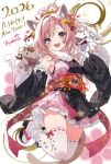  1girl 2026 :d animal_ear_fluff animal_ears antenna_hair bell black_kimono black_sleeves bow bright_pupils brown_eyes chinese_zodiac commentary_request detached_sleeves fang floral_print floral_print_kimono fur-trimmed_kimono fur_trim geta gradient_hair hair_bell hair_bow hair_ornament hairclip hand_puppet happy_new_year highres japanese_clothes jingle_bell kimono long_hair long_sleeves looking_at_viewer multicolored_eyes multicolored_hair obi open_mouth original pink_bow pink_hair pink_kimono po_yo_ta_ma print_kimono puppet purple_eyes ribbon-trimmed_thighhighs ribbon_trim sash short_kimono skin_fang sleeveless sleeveless_kimono smile solo tabi thighhighs two-tone_eyes two-tone_hair two-tone_kimono white_hair white_pupils white_thighhighs wide_sleeves year_of_the_horse 