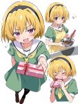  1girl :d apron black_pantyhose blonde_hair blush bowl box brown_shoes closed_mouth cooking dress fang flying_sweatdrops full_body green_dress highres higurashi_no_naku_koro_ni holding holding_bowl holding_box holding_whisk houjou_satoko looking_at_viewer mixing_bowl multiple_views neckerchief niyane open_mouth pantyhose pink_eyes puff_of_air red_ribbon ribbon sailor_collar sailor_dress shoes short_hair simple_background skin_fang smile squiggle standing sweatdrop whisk white_background white_sailor_collar yellow_apron yellow_neckerchief 