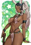  1girl animal_ears armlet bracelet breast_curtains breasts closed_mouth dark-skinned_female dark_skin final_fantasy final_fantasy_xii fran_(ff12) green_background grey_hair helmet highres jewelry lips long_hair looking_at_viewer medium_breasts navel patreon_username pelvic_curtain ponytail red_eyes redjet solo standing star_(symbol) thighs 