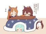  4girls :3 animal_ears blue_bow blush bow bowl brown_hair chibi chibi_only closed_eyes closed_mouth commentary_request double-parted_bangs ear_bow ears_down el_condor_pasa_(umamusume) eye_mask food fruit gomashio_(goma_feet) grass_wonder_(umamusume) green_hair hair_between_eyes horse_ears horse_girl kotatsu long_hair mandarin_orange mask multicolored_hair multiple_girls no_mouth seiun_sky_(umamusume) short_hair smile special_week_(umamusume) striped_bow table translation_request two-tone_hair umamusume white_background 