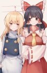  2girls apron arms_under_breasts ascot black_skirt black_vest blonde_hair bow braid breast_size_difference breasts brown_eyes brown_hair closed_mouth commentary_request crossed_arms detached_sleeves flat_chest frilled_bow frilled_hair_tubes frills frown hair_bow hair_tubes hakurei_reimu hat height_difference highres kirisame_marisa large_breasts long_hair long_sleeves multiple_girls no_headwear red_bow red_skirt ribbon-trimmed_sleeves ribbon_trim side_braid simple_background single_braid skirt skirt_set smile smug taguno touhou vest waist_apron white_bow yellow_ascot yellow_background yellow_eyes 