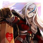  1girl absurdres armor armyx879 artist_name bag black_bodysuit black_cape blue_hair blue_streaks bodysuit border breasts cape chocolate commentary english_commentary facial_mark gift_bag grin happy_valentine heart heart_print heterochromia highres holding holding_bag long_hair medium_breasts multicolored_bodysuit multicolored_hair paper_bag purple_eyes red_bodysuit red_eyes shopping_bag shoulder_armor sky smile solo the_hundred_line_-last_defense_academy- upper_body v'ehxness valentine white_border white_hair 