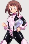  774_(nanashi) bangs belt blush bodysuit boku_no_hero_academia boots bracer breasts brown_eyes brown_hair clenched_hand commentary_request cowboy_shot embarrassed grey_background headwear_removed helmet helmet_removed holding impossible_bodysuit impossible_clothes legs_apart looking_at_viewer shiny shiny_clothes short_hair sidelocks simple_background small_breasts solo sweatdrop thigh_boots thighhighs uraraka_ochako wavy_mouth 