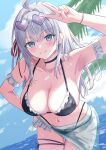  1girl absurdres ahoge alisa_mikhailovna_kujou armband azakura_(beniyomogi) bikini black_bikini black_choker blue_eyes blue_sky breasts choker cleavage cloud commentary_request day dutch_angle eyewear_on_head frilled_armband frilled_bikini frills grey_hair hand_on_own_hip heart heart-shaped_eyewear highres horizon large_breasts leaning_forward long_hair multi-strapped_bikini_bottom navel ocean outdoors palm_tree sarong see-through_clothes see-through_sarong sky solo sunglasses swimsuit thigh_strap tokidoki_bosotto_roshia-go_de_dereru_tonari_no_alya-san tree v 