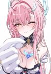  1girl aemeath_(wuthering_waves) ahoge bare_shoulders blurry blurry_foreground blush breasts closed_mouth collarbone commentary gloves hair_intakes hair_ornament hand_up highres long_hair looking_at_viewer medium_breasts mole mole_on_shoulder one_eye_closed orange_eyes pink_hair simple_background smile solo star-shaped_pupils star_(symbol) symbol-shaped_pupils tacet_mark_(wuthering_waves) untranslatable_commentary uriuritei white_background white_gloves wuthering_waves 