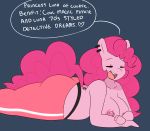  &lt;3 2015 anthro anthrofied areola big_breasts breasts clothed clothing cute ear_piercing earth_pony english_text equine erect_nipples eyes_closed female friendship_is_magic hair horse hugtastic_pinkie_pie lying mammal my_little_pony nipple_piercing nipples on_front open_mouth piercing pink_hair pink_tail pinkie_pie_(mlp) pony simple_background smile solo somescrub speech_bubble text topless 