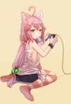 ahoge animal_ear_fluff animal_ears ass bangs bike_shorts blue_eyes blush bow_(bhp) cat_ears commentary controller food hair_bobbles hair_ornament hinata_channel joystick long_hair looking_at_viewer looking_back loose_clothes loose_shirt low-tied_long_hair mouth_hold nekomiya_hinata pink_hair popsicle shirt simple_background solo striped striped_legwear thighhighs very_long_hair virtual_youtuber white_shirt wristband yellow_background 