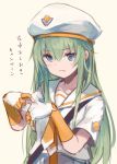  :&lt; alice_carroll aqua_eyes aria beret blush_stickers commentary_request fingerless_gloves gloves green_hair hat orange_gloves orange_planet_uniform pinching roll_okashi sailor_collar short_sleeves solo translation_request uniform v-shaped_eyebrows white_hat 