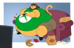 absurd_res anthro belly belly_overhang big_belly big_butt bodily_fluids brown_hair butt chubby_cheeks clenched_teeth clothed clothing controller double_chin electronics exposed_belly fat_arms felid flying_sweatdrops food fries fur furniture game_controller gaming hair hi_res holding_controller holding_game_controller holding_object huge_belly huge_butt jangleforks lion love_handles male mammal mane mcdonald's microsoft moobs morbidly_obese morbidly_obese_anthro morbidly_obese_male obese obese_anthro obese_male on_sofa overweight overweight_anthro overweight_male pantherine paper_bag pickle_(food) playing_video_game signature sitting sitting_on_sofa sofa solo sweat sweatdrop tan_body tan_fur teeth television thick_thighs wide_hips xbox xbox_game_studios