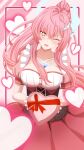  1girl absurdres aemeath_(wuthering_waves) asutokun_th box breasts cleavage collarbone commentary_request dress english_commentary hair_ornament heart heart-shaped_box highres holding holding_box large_breasts long_hair looking_at_viewer mixed-language_commentary one_eye_closed open_mouth orange_eyes pink_background pink_hair ponytail red_dress smile solo star-shaped_pupils star_(symbol) symbol-shaped_pupils tacet_mark_(wuthering_waves) wuthering_waves 