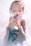  bangs blue_eyes commentary_request covered_mouth flower garuku hair_between_eyes hair_ornament headband japanese_clothes long_sleeves looking_at_viewer oshiro_project oshiro_project_re shikano_(oshiro_project) short_hair silver_hair solo 