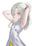  1girl armpits arms_up blue_eyes blush closed_mouth dress grey_hair hair_over_one_eye highres huyuhnyuken isekaijoucho kamitsubaki_studio long_hair looking_at_viewer ponytail simple_background sleeveless sleeveless_dress smile solo upper_body virtual_youtuber white_background white_dress 