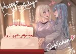  2girls bang_dream! bang_dream!_it's_mygo!!!!! birthday_cake blonde_hair blue_shirt blurry blurry_background blush breasts cake commentary_request dated extreme_yuri_buta food hair_between_eyes hair_down happy_birthday highres holding_hands large_breasts long_hair long_sleeves looking_at_another medium_hair misumi_uika multiple_girls open_mouth purple_eyes purple_shirt shirt sidelocks togawa_sakiko translation_request yellow_eyes yuri 
