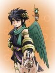  angel angel_wings black_hair blush commentary_request dark_pit green_scarf hand_on_own_hip highres kid_icarus kid_icarus_uprising laurel_crown looking_to_the_side male_focus orange_background palutena peeking_out pit_(kid_icarus) pov pov_hands recording red_eyes scarf solo_focus tsundere valentine wings yui_fightpaint 