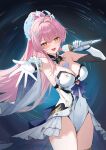  1girl absurdres aemeath_(wuthering_waves) ahoge bare_shoulders breasts cleavage commentary_request covered_navel elbow_gloves gloves hair_ornament highres holding holding_microphone leotard long_hair looking_at_viewer medium_breasts microphone open_mouth orange_eyes pink_hair showgirl_skirt skirt smile solo star-shaped_pupils star_(symbol) symbol-shaped_pupils tacet_mark_(wuthering_waves) white_gloves white_leotard white_skirt wuthering_waves yizi_(yizi_official) 