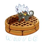  1boy barefoot chibi claws dislyte english_commentary english_text food furry furry_male green_shorts horns licking_self looking_at_food looking_down male_focus o_eu_o shorts single_horn squatting sui_zai_(beast_nian)_(dislyte) syrup tail tongue tongue_out topless_male waffle white_background 