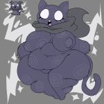  anthro areola belly big_belly big_breasts breasts claws domestic_cat electricity eyelashes fangs featureless_areola featureless_breasts featureless_crotch felid feline felis female hi_res kim0na lightning lucy_(mewgenics) mammal mewgenics open_mouth overweight overweight_female purple_body scarf sharp_teeth simple_background solo sparkles swirl_pattern swirls teeth thick_thighs tongue white_eyes wide_hips 