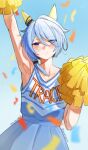  1girl animal_ears arm_up armpits blue_eyes blue_hair blue_shirt blue_skirt blush breasts cheerleader closed_mouth collarbone commentary_request confetti ear_covers hair_between_eyes highres holding holding_pom_poms horse_ears horse_girl k.s.miracle_(umamusume) looking_at_viewer pom_pom_(cheerleading) print_shirt saramiao-chan shirt short_hair skirt sleeveless sleeveless_shirt small_breasts smile solo umamusume 