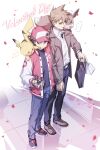  2boys 88_(einnimnech) bag baseball_cap black_hair black_pants black_shirt blue_oak blue_pants brown_eyes brown_hair brown_jacket closed_mouth collared_shirt commentary_request donut eevee food food_on_face happy_valentine hat heart highres holding holding_bag holding_donut holding_food holding_hands jacket male_focus multiple_boys on_shoulder open_mouth pants pikachu pokemon pokemon_(creature) pokemon_on_shoulder red_(pokemon) red_hat red_jacket shirt shoes shopping_bag short_hair smile spiked_hair white_shirt yaoi 