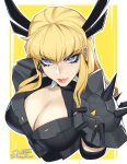  1girl armor black_eyeliner black_eyeshadow blonde_hair blue_eyes cleavage_cutout clothing_cutout cropped_arms cropped_torso eyeliner eyeshadow highres horns looking_up magik_(x-men) makeup marvel marvel_rivals orouu pauldrons shoulder_armor simple_background solo upper_body x-men yellow_background 