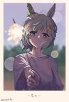  1girl absurdres animal_ears blue_eyes blush closed_mouth commentary_request ear_covers fireworks flower grey_hair hair_between_eyes hair_flower hair_ornament hairclip highres holding holding_fireworks horse_ears horse_girl looking_at_viewer saramiao-chan seiun_sky_(umamusume) shirt short_hair short_sleeves single_ear_cover smile solo sunflower sunflower_hair_ornament umamusume white_shirt 