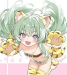  1girl absurdres animal_hands animal_print blush commentary_request flat_chest floating_hair gloves green_hair highres long_hair looking_at_viewer navel open_mouth original paw_gloves po_yo_ta_ma purple_eyes smile solo thighhighs tiger_girl tiger_print 