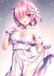 :d bare_shoulders breasts cleavage commentary_request dress eyebrows_visible_through_hair fate/grand_order fate_(series) flower fukase_ayaka gloves hair_flower hair_ornament hair_over_one_eye large_breasts lifted_by_self looking_at_viewer mash_kyrielight open_mouth petals pink_hair purple_eyes short_hair simple_background skirt_hold smile solo white_dress white_gloves 