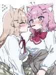  2girls ? ?? @_@ amaori_renako animal_ear_fluff animal_ears ashigaya_high_school_uniform blush bow bowtie breasts brown_hair cat_ears closed_eyes clothes_around_waist collared_shirt flying_sweatdrops food grey_skirt grey_sweater highres kemonomimi_mode large_breasts medium_hair mesugakisaikou multiple_girls pink_hair plaid_clothes plaid_skirt pleated_skirt pocky pocky_kiss purple_eyes red_bow red_bowtie school_uniform sena_ajisai shirt simple_background skirt sweater sweater_around_waist watashi_ga_koibito_ni_nareru_wake_naijan_murimuri! white_background white_shirt yuri 