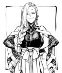  1girl absurdres bare_shoulders black_shirt braid breasts closed_mouth clothing_cutout commentary_request detached_sleeves earrings eyeliner fate/grand_order fate_(series) greyscale hakama hakama_skirt hands_on_own_hips hebi_nyoubou_(fate) hebi_nyoubou_(first_ascension)_(fate) highres hip_vent japanese_clothes jewelry large_breasts long_hair looking_at_viewer makeup monochrome sa10_e shirt sideboob skirt sleeveless sleeveless_shirt smile solo tassel tassel_earrings white_hair white_hakama yellow_eyes 