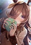  1girl absurdres animal_ears blush bow box box_of_chocolates brown_dress brown_hair casual closed_mouth collared_dress commentary_request dress ear_bow flipped_hair hair_over_one_eye hairband highres holding holding_box horse_ears horse_girl horse_tail long_hair long_sleeves looking_at_viewer purple_eyes rice_shower_(casual)_(umamusume) rice_shower_(umamusume) smile solo tail umamusume yu-muge 