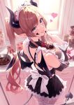  1girl :p absurdres apron black_horns black_skirt blonde_hair blue_eyes blurry blurry_background bow bowl bowtie breasts chocolate chocolate_on_face chocolate_on_hand commentary_request cooking corset criss-cross_back-straps curio_(curiofinity) demon_girl demon_horns demon_tail demon_wings detached_sleeves fishnets food food_on_body food_on_breasts food_on_face food_on_hand frilled_apron frilled_shirt frilled_skirt frilled_sleeves frills garter_straps gradient_hair hair_ribbon highres hololive horns indoors large_breasts long_hair long_sleeves looking_at_viewer looking_back maid maid_headdress miniskirt multicolored_hair official_alternate_costume official_alternate_hairstyle pink_hair pointy_ears red_bow red_bowtie ribbon see-through_cleavage see-through_clothes shirt sidelocks skirt sleeveless sleeveless_shirt solo swept_bangs tail thighhighs tongue tongue_out tress_ribbon twintails very_long_hair virtual_youtuber waist_apron whisk white_apron white_garter_straps white_shirt white_thighhighs wings yuzuki_choco yuzuki_choco_(maid) 