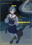  1girl absurdres blue_hair blue_shoes blue_skirt character_age character_name collared_shirt commentary_request english_text facial_recognition frilled_shirt frilled_sleeves frills fukurai_azami full_body highres long_sleeves looking_at_viewer mojibake_text night outdoors pantyhose recording shadow shinkishi shirt shoes short_hair skirt standing timestamp toshi_densetsu_kaitai_center white_pantyhose white_shirt 