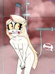 absurd_res alastor_(hazbin_hotel) bathing bathroom blonde_hair breasts caught_in_the_act charlie_morningstar demon embarrassed female genitals hair hazbin_hotel hellaverse hi_res humanoid nipples nude pubes pubes_exposed red_eyes shower showering solo surprised thedispenser69 vulva walk-in