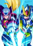  2boys agetatekoron2 armor blonde_hair blue_background blue_eyes chest_jewel commentary_request cowboy_shot dated energy_sword forehead_jewel green_eyes helmet highres holding holding_sword holding_weapon long_hair male_focus mega_man_(series) mega_man_x_(series) multiple_boys red_armor red_helmet sword weapon white_armor white_helmet z_saber zero_(mega_man) 