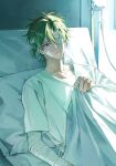  1boy absurdres antenna_hair bandage_over_one_eye bandaged_arm bandaged_head bandages bandaid bandaid_on_cheek bandaid_on_face bandaid_on_hand bed bed_sheet black_eyes black_hair blanket blonde_hair cheng_xiaoshi collarbone dou_lwer eyepatch highres holding holding_blanket hospital_bed hospital_gown indoors injury intravenous_drip korean_commentary looking_at_viewer lying male_focus on_back on_bed one_eye_covered parted_lips pillow ponytail shiguang_dailiren shirt short_hair short_ponytail short_sleeves solo t-shirt under_covers upper_body white_shirt 